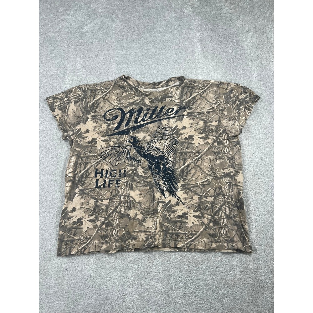 Miller High Life Camo Graphic Tee Womens Large Pheasant Hunting Beer T-Shirt
